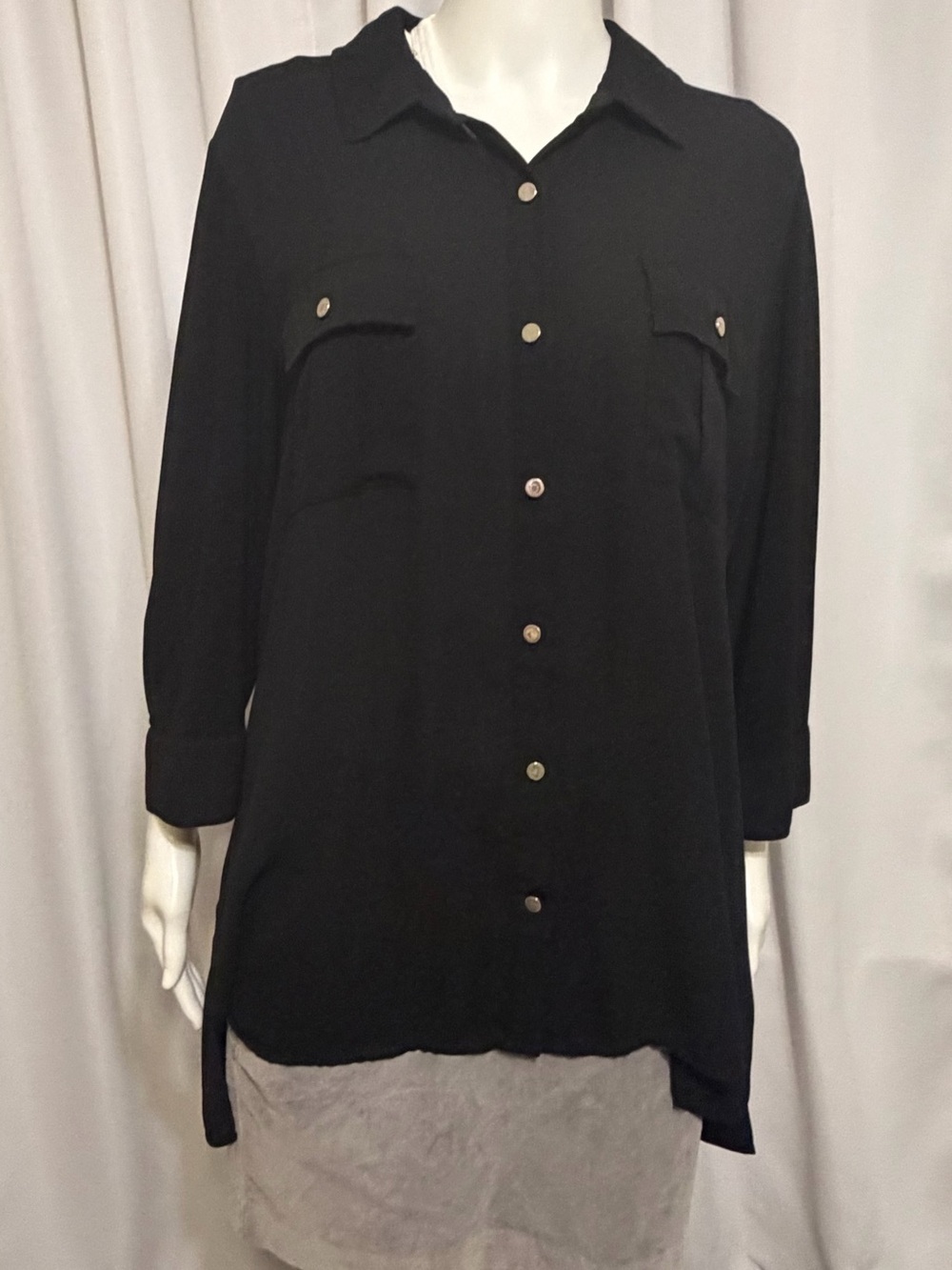 Slim Factor L Black Button Down Blouse Old Money Academic High-Polish Tunic EUC